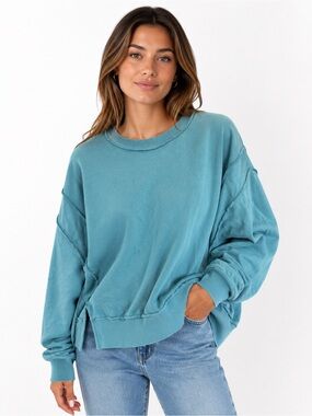 Zenana Teal Pullover Sweatshirt Exposed Seam Small/Medium
